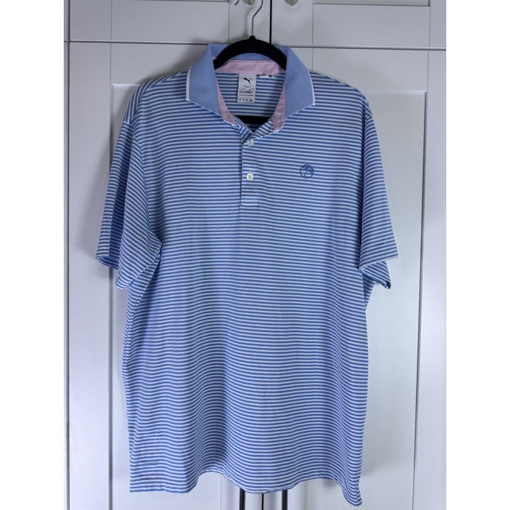 Arnold Palmer X Puma Golf Polo Shirt Mens L Blue Umbrella Striped Performance